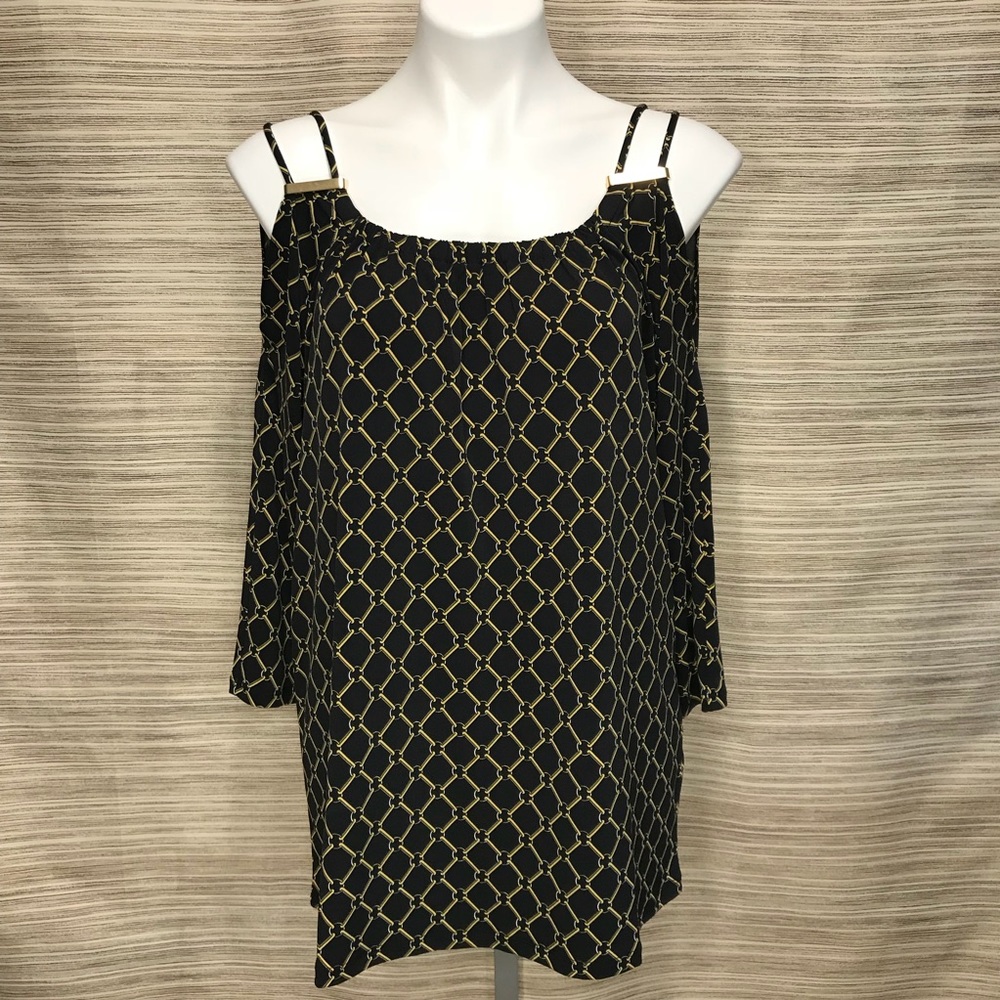 Carmen Marc Valvo Open Shoulder Gold Knot Top D19